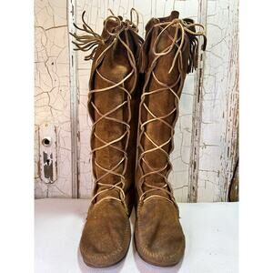 Handmade Women’s Knee-High Suede Moccasins Fringe Lace-Up 14” Shaft Tan